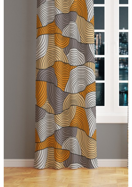 Turuncu Gri Çizgi Desenli Süet Oturma Odası Salon Fon Perde Baskılı Ekstrafor Büzgü Tek Kanat