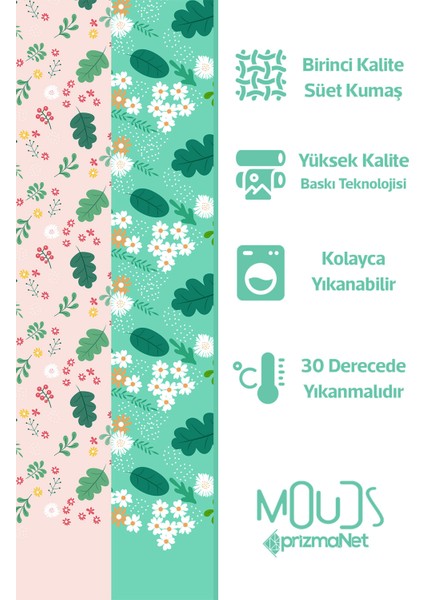 Yeşil Pembe Yaprak Desenli Süet Oturma Odası Salon Fon Perde Ekstrafor Büzgü Tek Kanat PRD-1035