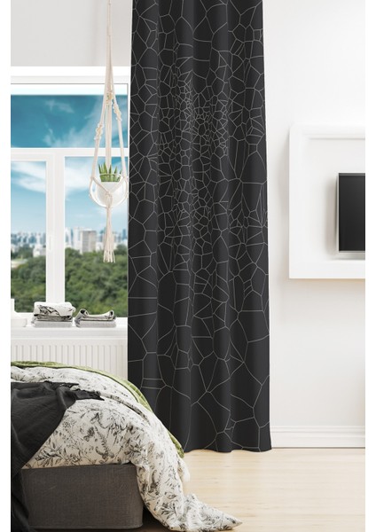 Grey Crystal Desenli Süet Oturma Odası Salon Fon Perde Baskılı Ekstrafor Büzgü Tek Kanat PRD-1079