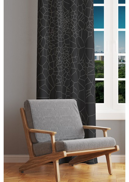 Grey Crystal Desenli Süet Oturma Odası Salon Fon Perde Baskılı Ekstrafor Büzgü Tek Kanat PRD-1079