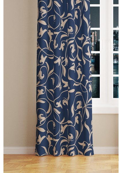 Navy Vintage 2 Desenli Süet Oturma Odası Salon Fon Perde Baskılı Ekstrafor Büzgü Tek Kanat PRD-1065