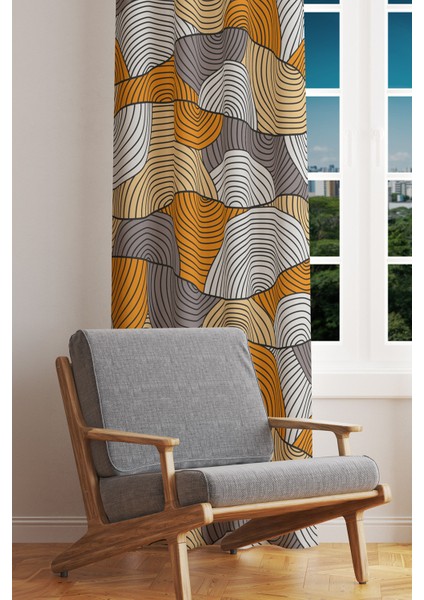 Turuncu Gri Çizgi Desenli Süet Oturma Odası Salon Fon Perde Baskılı Ekstrafor Büzgü Tek Kanat fiyatları