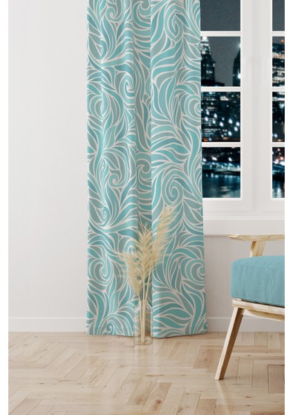 Turqua Desenli Süet Oturma Odası Salon Fon Perde Dijital Baskılı Ekstrafor Büzgü Tek Kanat PRD-1093