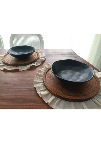 Fırfırlı Naturel Ham Keten Yuvarlak Amerikan Servis Vintage 40 cm 2'li
