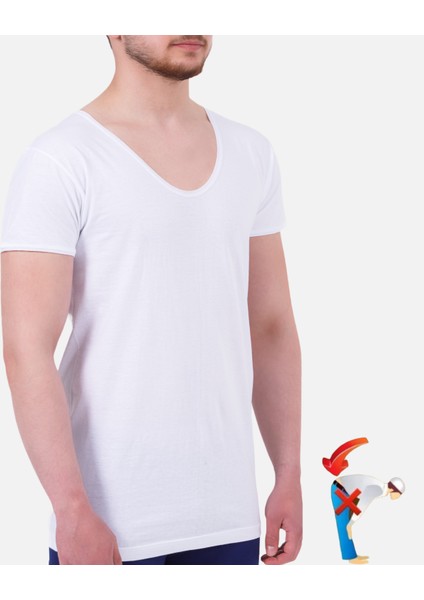 Erkek Beyaz Fanila Undershirt 100% Pamuk Penye Kısa Yarım Kol Derin ve Geniş V Yakası Uzun Boy Gömlek Altı Görünmez