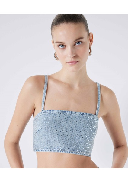 Hotfix Baskılı Denim Büstiyer