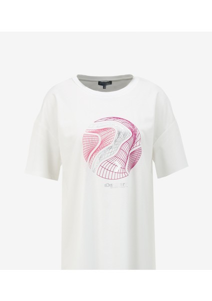 Beyaz Kadın Bisiklet Yaka Loose Fit Baskılı T-Shirt D4SL-TST3039