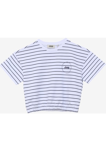 Beyaz - Lacivert Kız Çocuk Bisiklet Yaka Crop Top Çizgili T-Shirt C4SG-TST4030