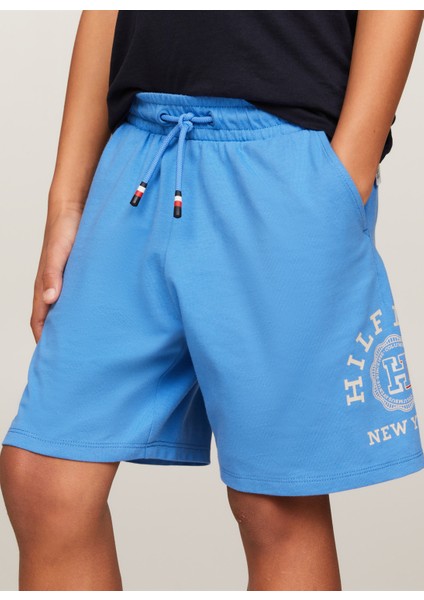 Lastikli Bel Normal Mavi Erkek Şort Th Logo Sweatshorts