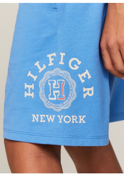 Lastikli Bel Normal Mavi Erkek Şort Th Logo Sweatshorts