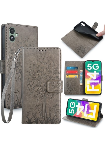 Samsung Galaxy F14 5g Baskılı Geyik Ağacı Desenli Koruyucu Bilek KayışlıGri Telefon Kılıfı (Yurt Dışından)