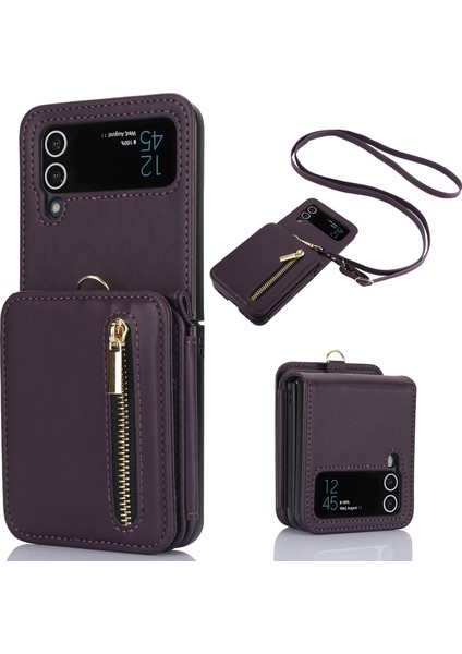 Samsung Galaxy Z Flip3 5g Crossbody Telefon Kılıfı Pu Deri Kaplamalı Pc Kapağı, Kart Tutuculu-Koyu Mor (Yurt Dışından)