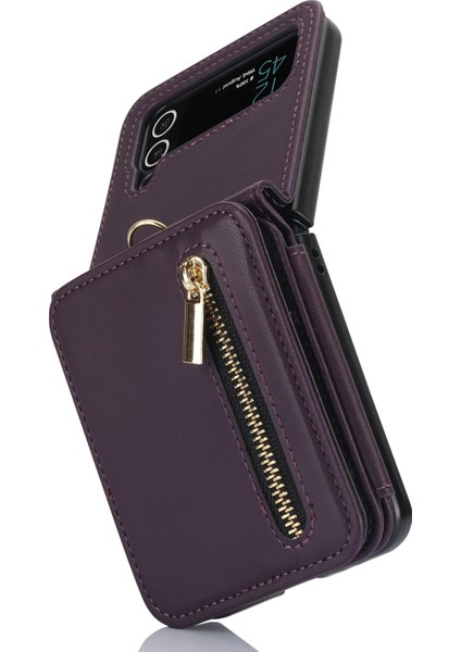 Samsung Galaxy Z Flip3 5g Crossbody Telefon Kılıfı Pu Deri Kaplamalı Pc Kapağı, Kart Tutuculu-Koyu Mor (Yurt Dışından)