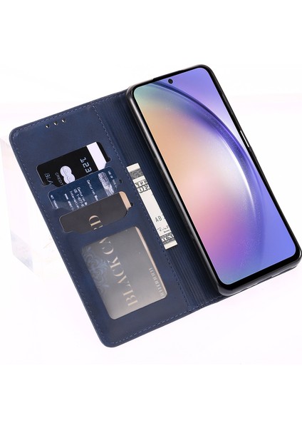 Samsung Galaxy A55 5g Manyetik Kılıf Mutlu Kedi Desen Baskılı Cep Telefonu Kapağı-Mavi (Yurt Dışından)