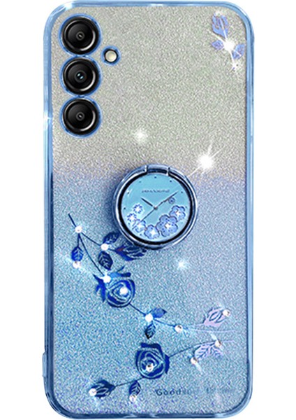 Samsung Galaxy A15 4g/5g Kılıf Için Yapay Elmas Çiçek Parmak Yüzük Kickstand Tpu Telefon Kapağı-Mavi (Yurt Dışından)