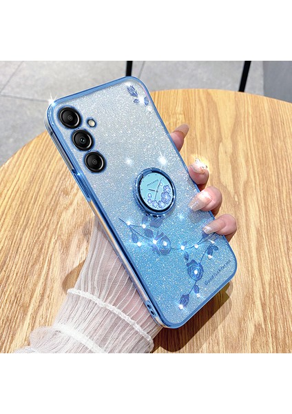 Samsung Galaxy A15 4g/5g Kılıf Için Yapay Elmas Çiçek Parmak Yüzük Kickstand Tpu Telefon Kapağı-Mavi (Yurt Dışından) modelleri