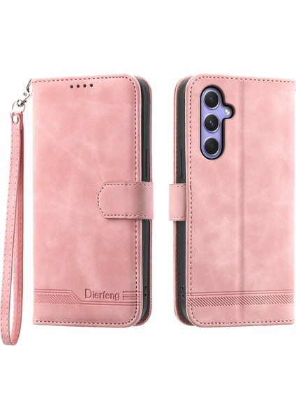 Samsung Galaxy A55 5g Deri Kılıf Çizgi Baskılı Cüzdan Kapağı-Pembe (Yurt Dışından)