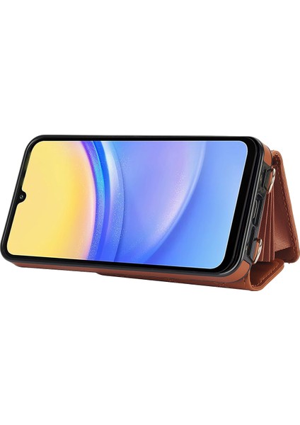 026 Samsung Galaxy A15 4g/5g Kart Kılıfı Kickstand Deri+Tpu Kapak 2 Askılı-Kahverengi (Yurt Dışından)