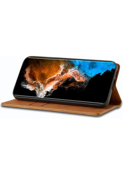 Samsung Galaxy S24+ Mikrofiber Deri Görünüm StandıKahverengi Telefon Kılıfı (Yurt Dışından)