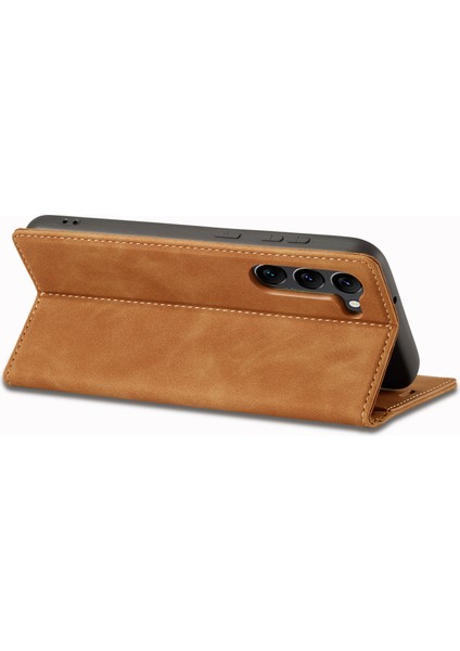 Samsung Galaxy S24+ Mikrofiber Deri Görünüm StandıKahverengi Telefon Kılıfı (Yurt Dışından)
