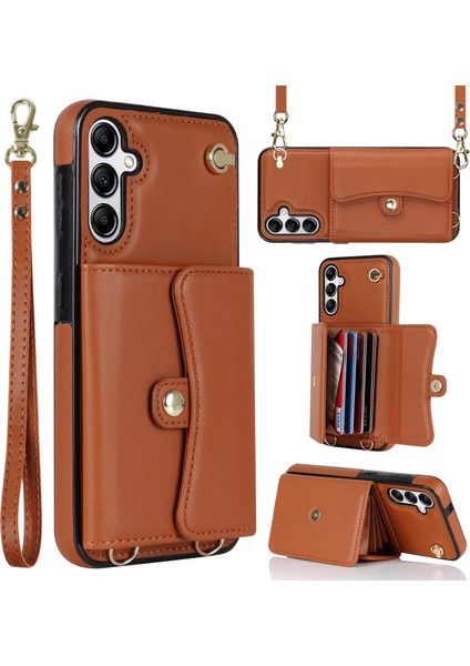 Samsung Galaxy A14 4g/5g Kickstand Kart Yuvaları 2 Askılı Rfıd Engelleme Kahverengi Telefon Kılıfı (Yurt Dışından)