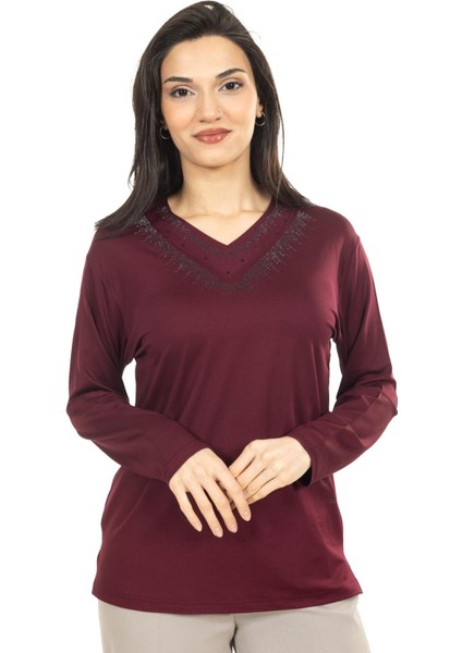 Kadın Orta Yaş ve Üzeri Yeni Model V Yaka Sade Model Anne Penye Bluz 30565