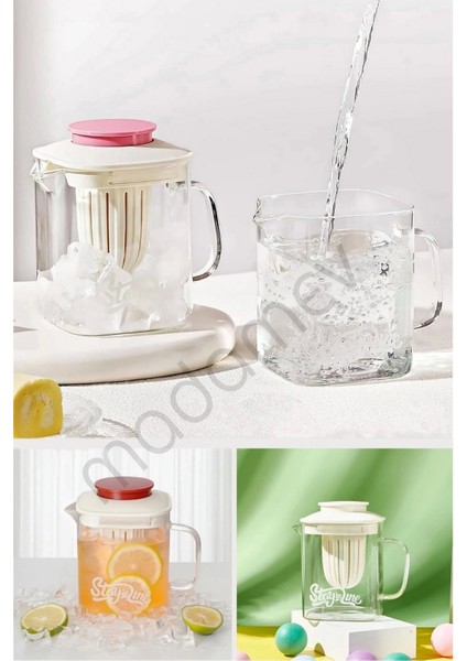2 Adet Süzgeçli Cam Sürahi Cam Demlik Filtreli Bitki Çayı Demliği & Kulplu Sürahi 850ML