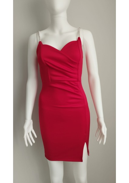 Taş Askılı Kırmızı Elbise