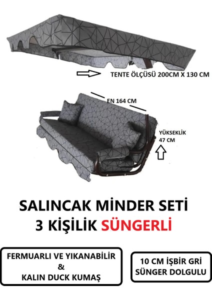 Salıncak Minder Seti Tenteli 3 Kişilik 10 cm Işbir Gri Sünger Dolgulu (164X47) Antrasit-Gri