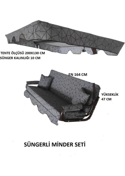 Salıncak Minder Seti Tenteli 3 Kişilik 10 cm Işbir Gri Sünger Dolgulu (164X47) Antrasit-Gri