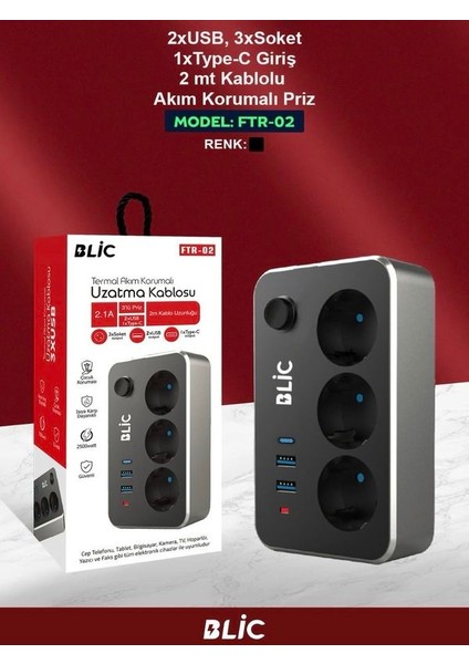 Elektrik Sigortalı Termal Akım Korumalı Priz 2 Metre Kablo Anahtarlı 1xPD TYPE-C 2xUSB Çoklu