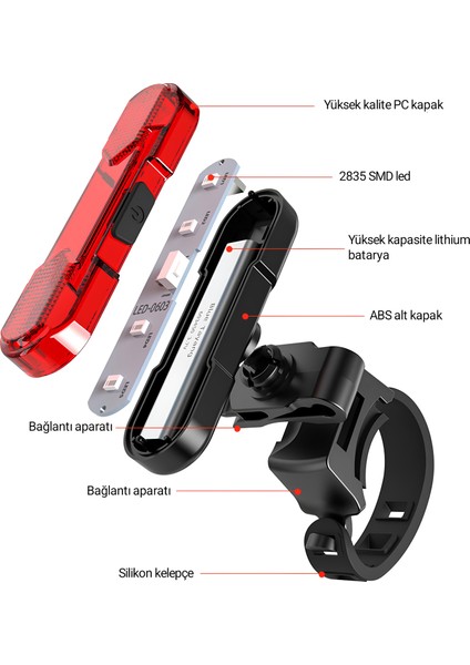 AS1010 220MAH Şarj Edilebilir Lithium 3 Modlu Bisiklet Arka Lambası