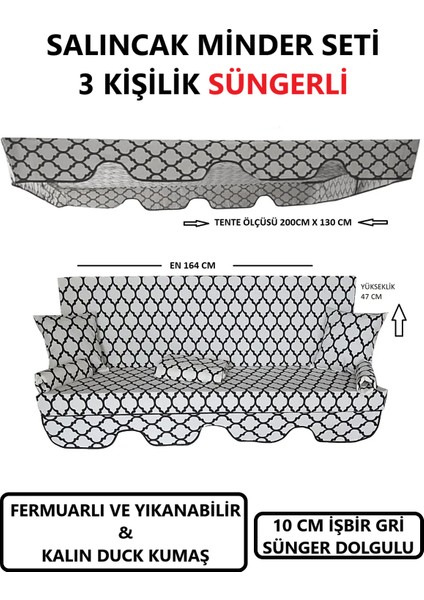 Salıncak Minder Seti Tenteli 3 Kişilik 10 cm Işbir Gri Sünger Dolgulu (164X47) Alaçatı Desen