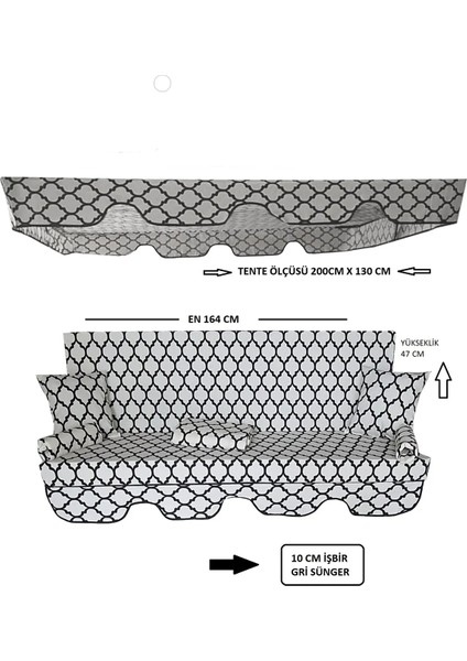 Salıncak Minder Seti Tenteli 3 Kişilik 10 cm Işbir Gri Sünger Dolgulu (164X47) Alaçatı Desen