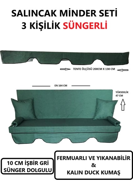 Salıncak Minder Seti Tenteli 3 Kişilik 10 cm Işbir Gri Sünger Dolgulu (164X47) Yeşil