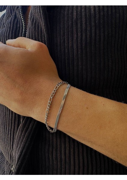 Silver Figaro Erkek Bileklik Kadın Paslanmaz Çelik Unısex Kararmaz