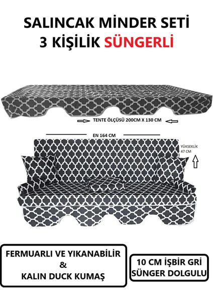 Salıncak Minder Seti Tenteli 3 Kişilik 10 cm Işbir Gri Sünger Dolgulu (164X47) Karaçatı Desen