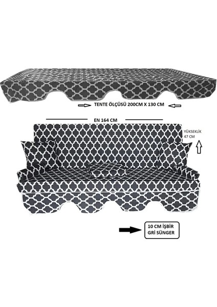 Salıncak Minder Seti Tenteli 3 Kişilik 10 cm Işbir Gri Sünger Dolgulu (164X47) Karaçatı Desen