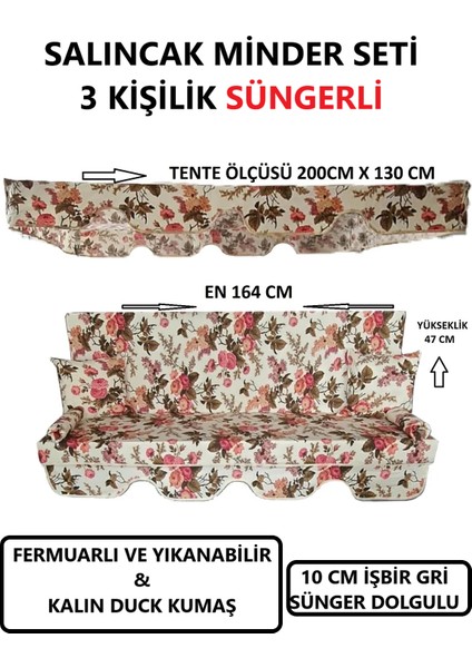 Salıncak Minder Seti Tenteli 3 Kişilik 10 cm Işbir Gri Sünger Dolgulu (164X47) Ingiliz Gülü