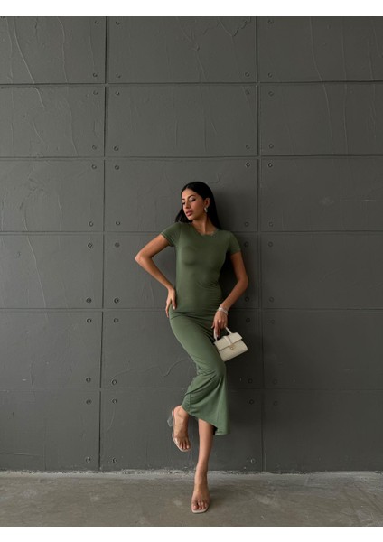 Sandy Kısa Kol Elbise Bisiklet Yaka Haki