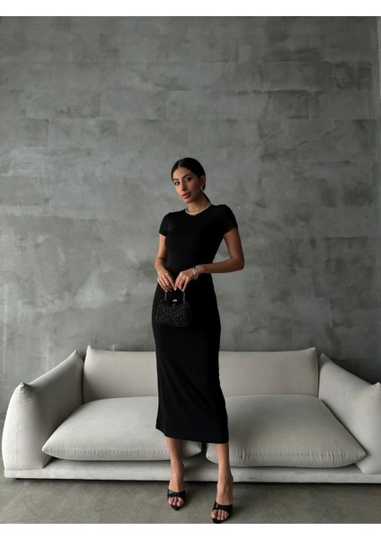 Sandy Kısa Kol Elbise Bisiklet Yaka Siyah
