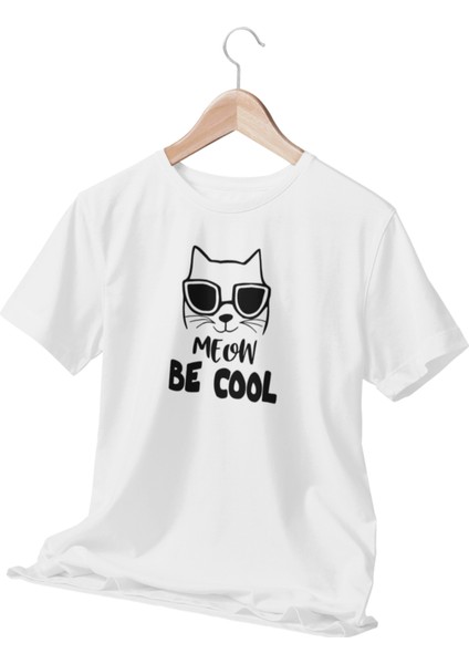 Meow Be Cool Sevimli Havalı Kedi Baskılı Eğlenceli Hediyelik Beyaz T-Shirt