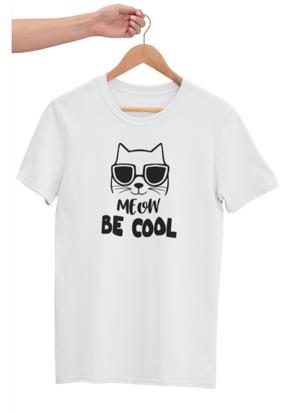 Meow Be Cool Sevimli Havalı Kedi Baskılı Eğlenceli Hediyelik Beyaz T-Shirt modelleri