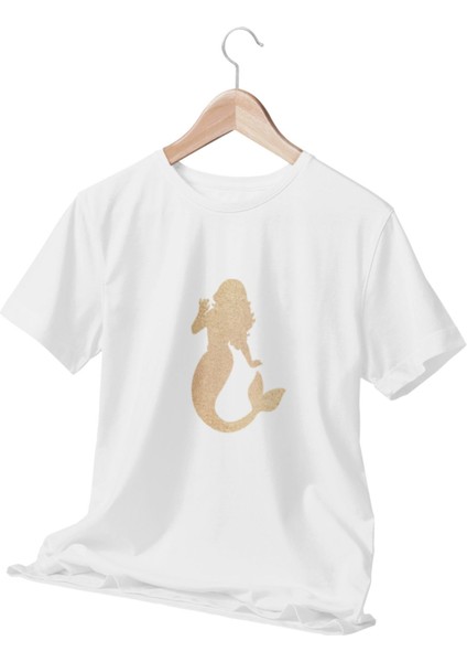 Deniz Kızı -Altın Siren Çağrısı- Baskılı Beyaz Kadın T-Shirt