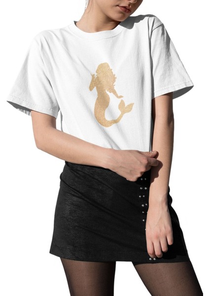 Deniz Kızı -Altın Siren Çağrısı- Baskılı Beyaz Kadın T-Shirt fiyatları