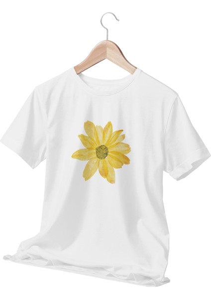 Sarı Çiçek Baskılı Beyaz Kadın T-Shirt