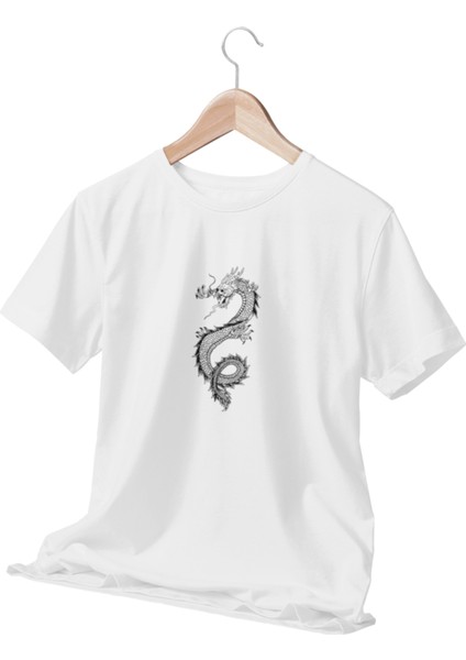 Siyah Çizim Ejderha Baskılı Beyaz T-Shirt