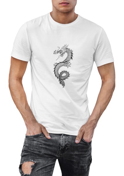 Siyah Çizim Ejderha Baskılı Beyaz T-Shirt modelleri