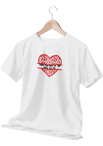 Yazı ve Kırmızı Kalp Baskılı Beyaz T-Shirt