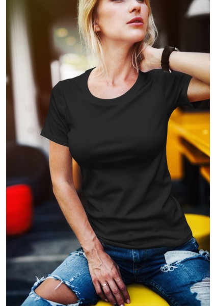 %100 Pamuklu Siyah Kadın Street Style T-Shirt